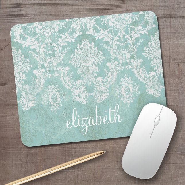 Eisblau Vintager Damast Muster mit grungy Finish Mousepad (Personalized Mousepad - Add Your  Text)