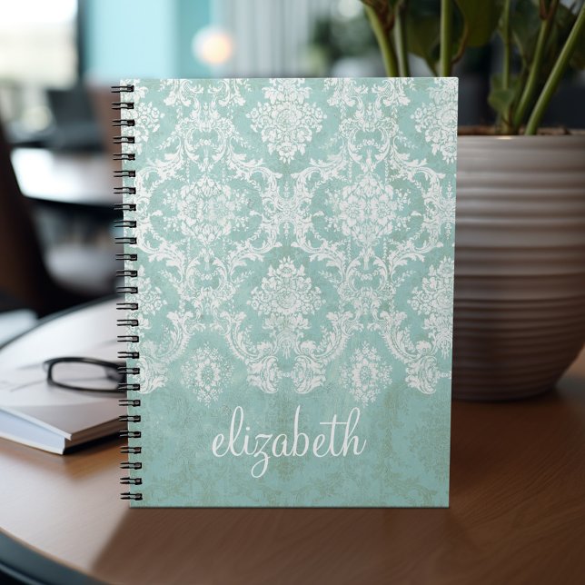 Eisblau Vintager Damast Muster mit grungy Finish Notizblock (Personalized notebook - add your name or other text)