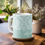 Eisblau Vintager Damast Muster mit grungy Finish Tasse<br><div class="desc">Ein Vintages Muster mit einer Tafel und Spitzen-Design. Schau genau auf die Blume und Blätter. Ein trendiges Design mit Juwelenfarben und Eleganz. Elemente können leichter angepasst werden, wenn Sie zuerst alle Foto und Texte ersetzen. Wenn Ihre Kunst noch angepasst werden muss, klicken Sie auf die Schaltfläche Diese anpassen. Das bringt...</div>