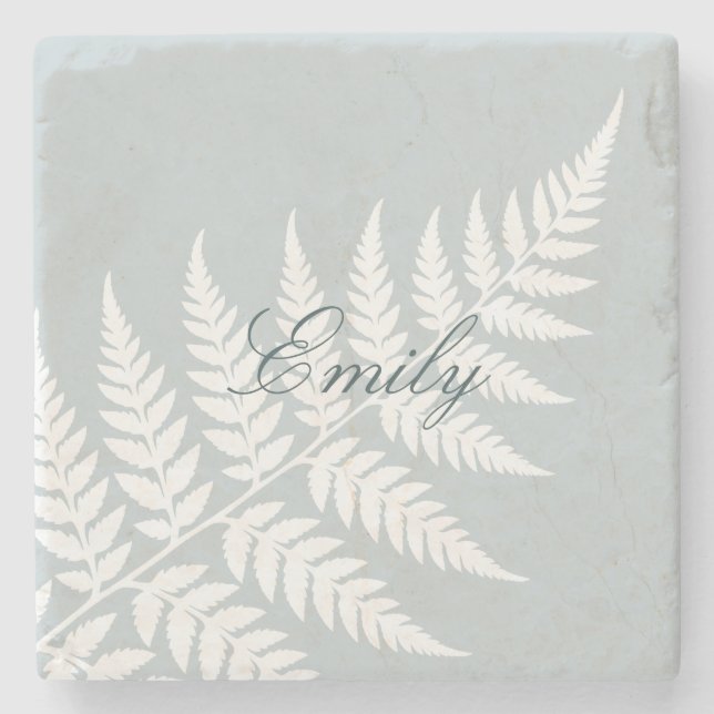 Eisblau-weiße Farn-Elegant-Script-Name Steinuntersetzer (Vorderseite)