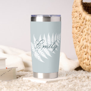 Eisblau Weiße Farn Personalisierter Name Silber Thermobecher