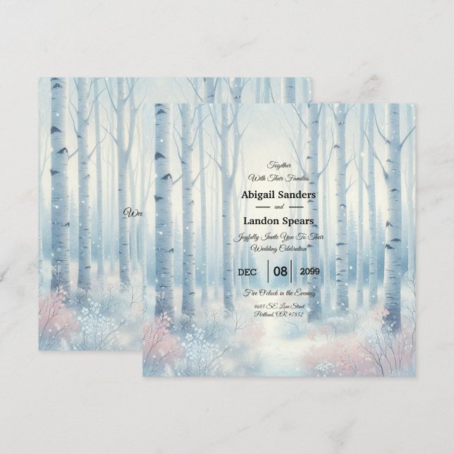 Eisblaue Birkenwald-Hochzeit Einladung (Vorne/Hinten)