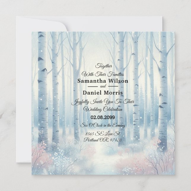 Eisblaue Birkenwald-Hochzeit Einladung (Vorderseite)