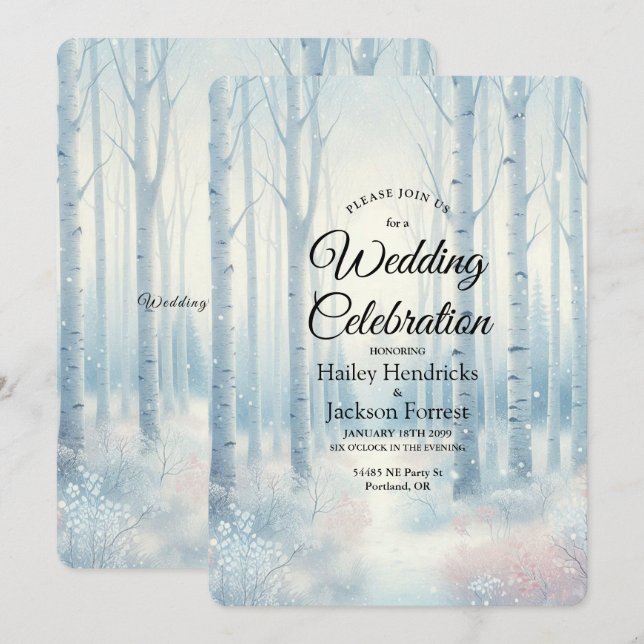 Eisblaue Birkenwald-Hochzeit Einladung (Vorne/Hinten)