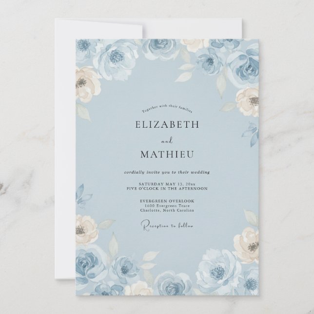 Eisblaue Blütenhochzeit Einladung (Vorderseite)