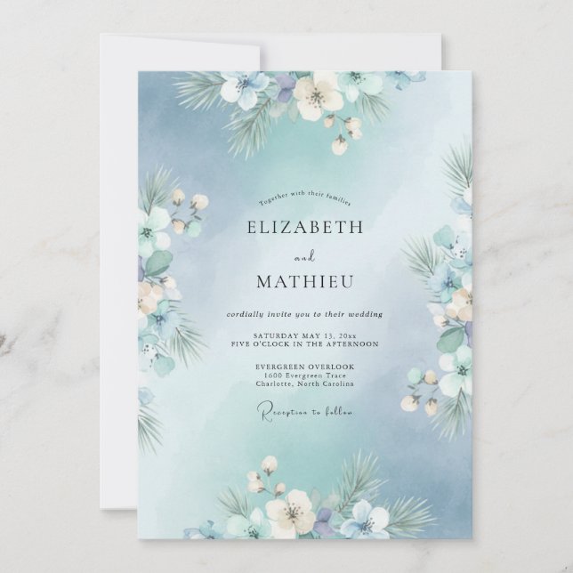 Eisblaue Blütenhochzeit Einladung (Vorderseite)