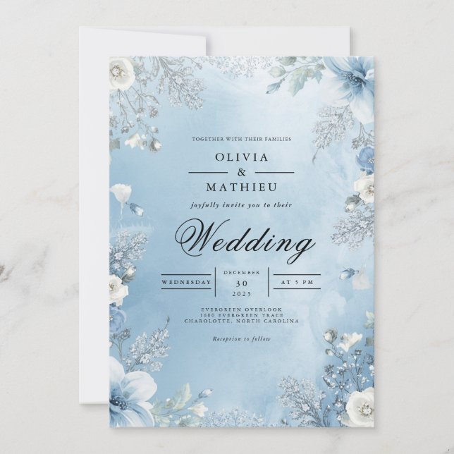 Eisblaue Florale Rahmen Hochzeit Einladung (Vorderseite)