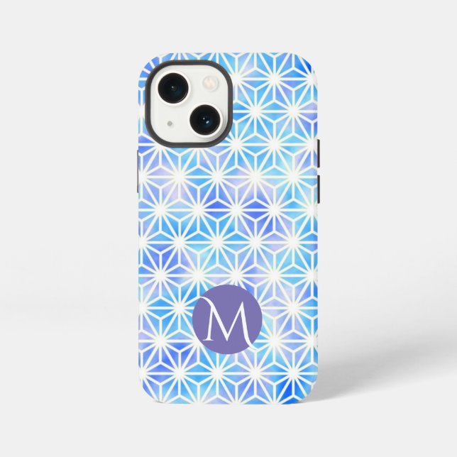 Eisblaue geometrische Gittermuster-Monogramm iPhone Hülle (Rückseite)