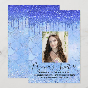 Eisblaue Glitter-Drip-Meerjungfrau Sweet 16 Foto Einladung
