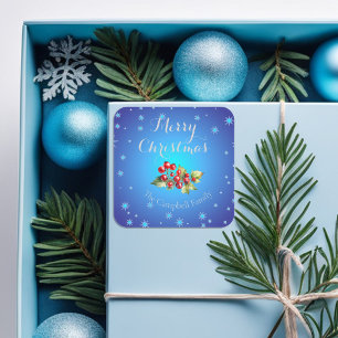 Eisblaue rote Holly-Beeren Frohe Weihnachten  Quadratischer Aufkleber