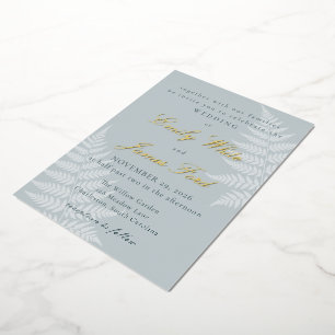 Eisblaue Weiße Farne Elegante Hochzeit Folieneinladung