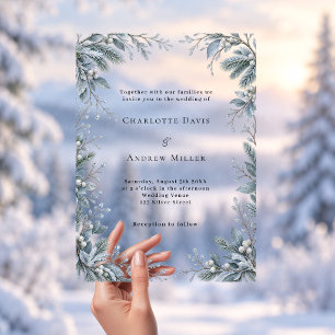 Eisblaue Winter-Botanik klare Luxus-Hochzeit Acryleinladungen