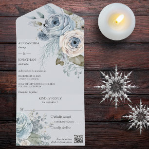 Eisblaue Winterblumen auf hellblauem QR-Code All In One Einladung