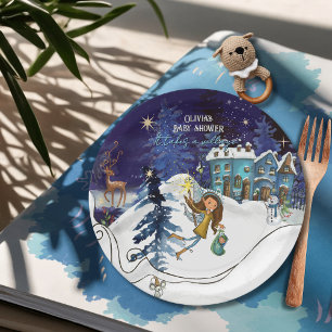 Eisblaue Winterdorf-Babyparty Swirl-Rahmen Pappteller
