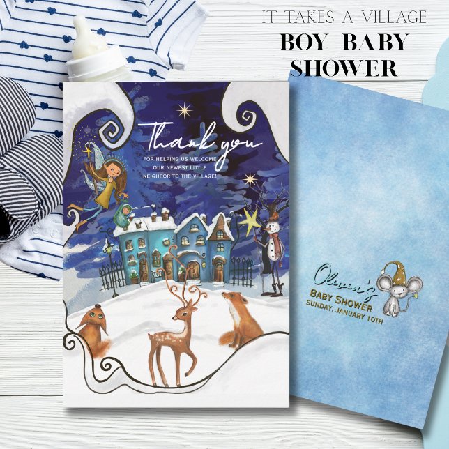 Eisblaue Winterdorf-Dankeskarten | Fee  Dankeskarte (Ice Blue Winter Village Thank You Card  Fairy )