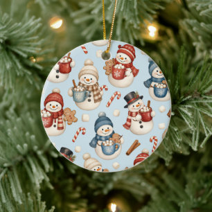 Eisblauer Schneemann Heiße Schokolade Wasserfarben Keramik Ornament