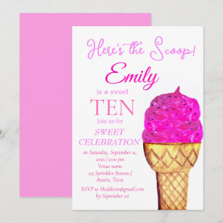 Eiscreme 10. Geburtstag Girl Pink Wasserfarbe Einladung