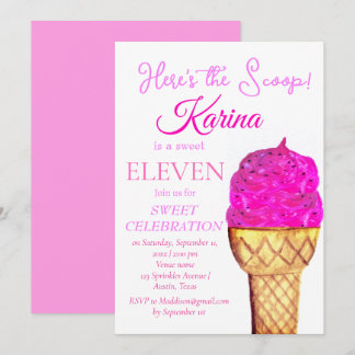 Eiscreme 11. Geburtstag Girl Pink Wasserfarbe Einladung