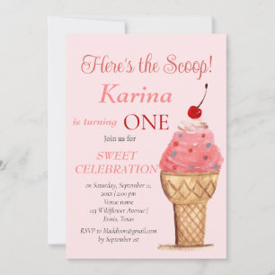 Eiscreme 1. Geburtstag Girl Pink Wasserfarbe Einladung