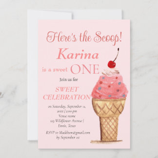 Eiscreme 1. Geburtstag Girl Pink Wasserfarbe Einladung