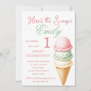 Eiscreme 1. Geburtstag Mädchen Rosa Aquarell Einladung