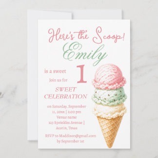 Eiscreme 1. Geburtstag Mädchen Rosa Aquarell Einladung
