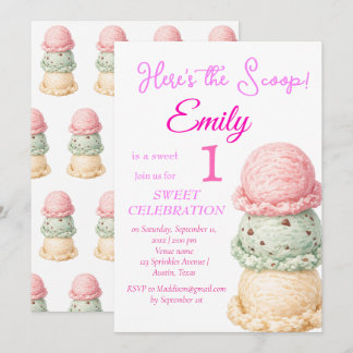 Eiscreme 1. Geburtstags Mädchen Pink Aquarell Einladung