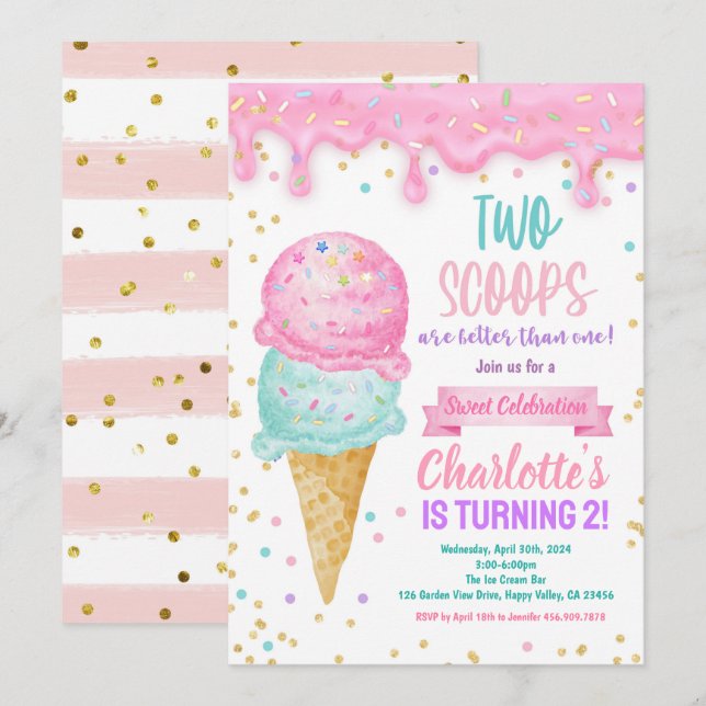 Eiscreme 2. Geburtstag Party 2 Schotte besser Einladung (Vorne/Hinten)