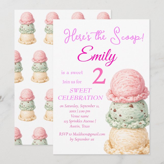 Eiscreme 2. Geburtstagsmädchen Rosa Aquarell  Einladung (Vorne/Hinten)