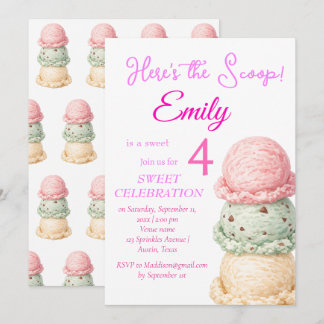 Eiscreme 4. Geburtstag Mädchen Rosa Aquarell Einladung