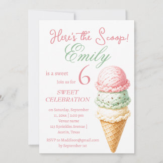 Eiscreme 6. Geburtstag Mädchen Rosa Aquarell Einladung