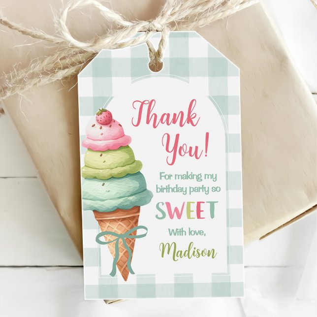 Eiscreme Blaues Schleifen Gingham Geburtstagsfeier Geschenkanhänger (Von Creator hochgeladen)
