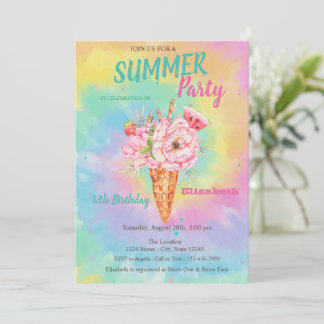 Eiscreme Blumen Früchte Sommer Tye Dye Geburtstag Einladung