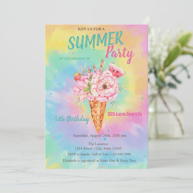 Eiscreme Blumen Früchte Sommer Tye Dye Geburtstag  Einladung (Stehend Vorderseite)