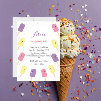 Eiscreme Cone Scoop Confetti Pink Geburtstagsparte Einladung