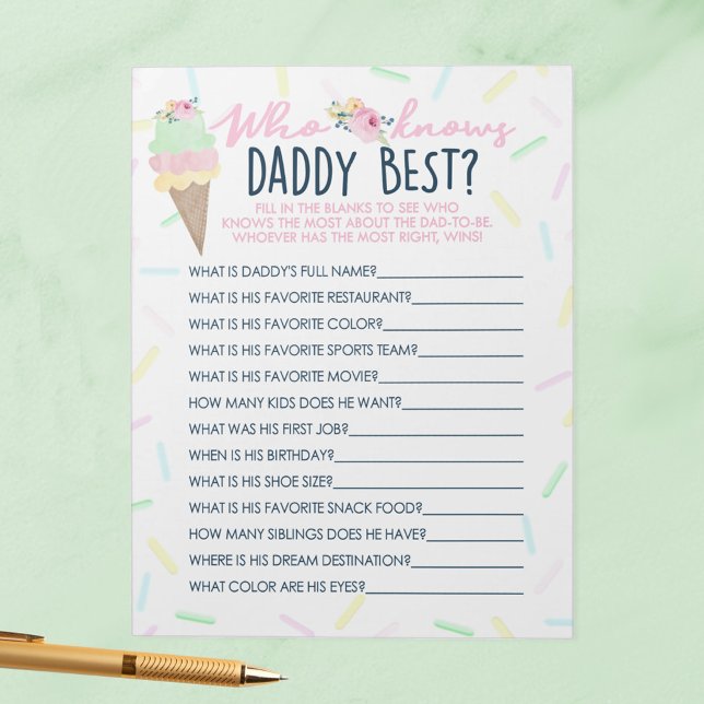 Eiscreme, die Daddy Best Shower Game Pack kennt Notizblock (Who Knows Daddy Best Baby Shower Game Pack of 40 Game Sheets for Ice Cream Sprinkle Baby Shower)