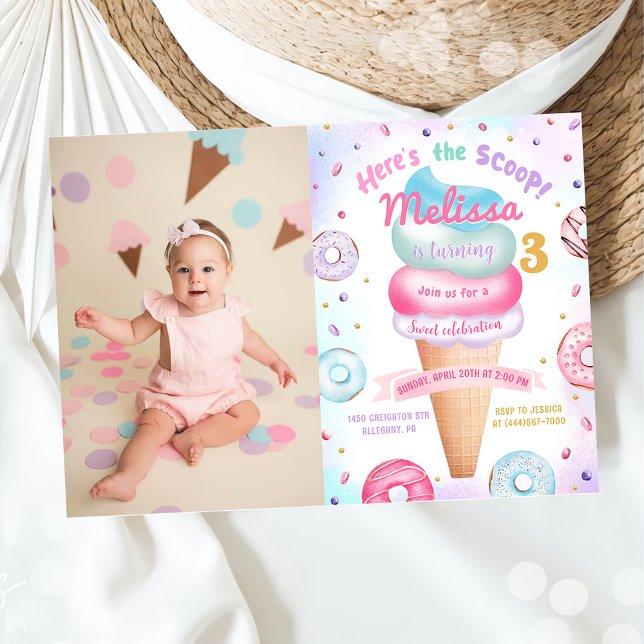Eiscreme Donut Hier ist das Scoop Birthday Foto Einladung (Von Creator hochgeladen)