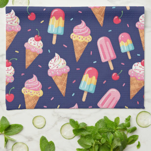 Eiscreme, Eis am Stiel und Kirschen Muster Geschirrtuch