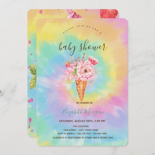 Eiscreme, fruchtige Gefärbte Krawatte Babydusche Einladung (Vorne/Hinten)