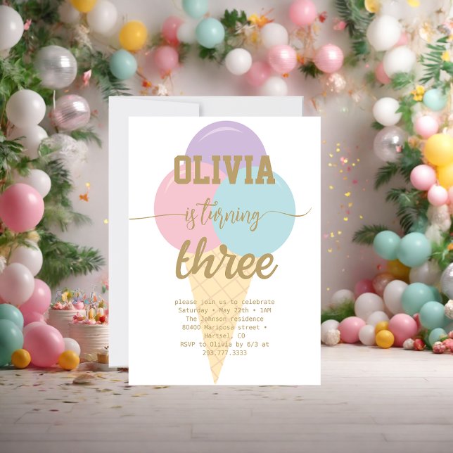 Eiscreme Gold Foil Calligrafy Geburtstagsparty Einladung (Von Creator hochgeladen)