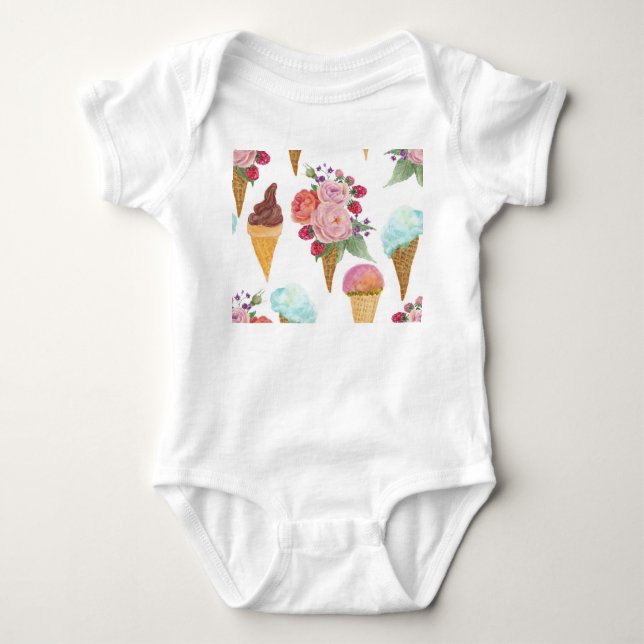 Eiscreme, Himbeeren: Aquarellmuster. Baby Strampler (Vorderseite)