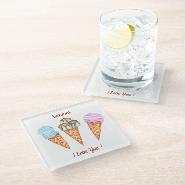 Eiscreme I Liebe Sie Niedlichen Sommer Glasuntersetzer (Schrägansicht)