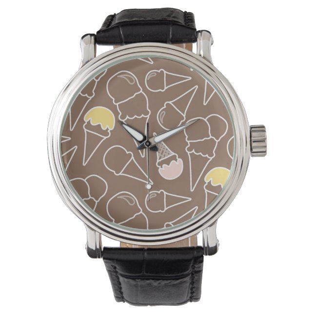 Eiscreme-Kronmuster auf Braun Armbanduhr (Vorderseite)