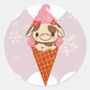 Eiscreme Kuh Sweet Cone Snow Strawberry Winter Runder Aufkleber