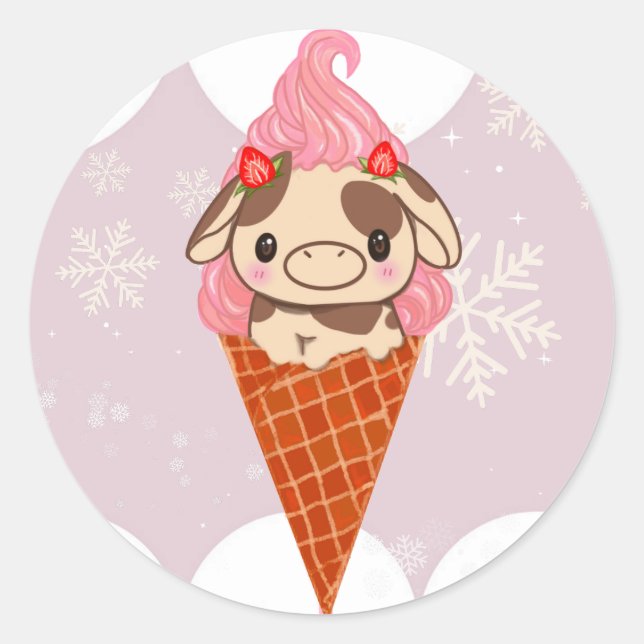 Eiscreme Kuh Sweet Cone Snow Strawberry Winter Runder Aufkleber (Vorderseite)
