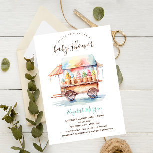 Eiscreme-LKW-Wasserfarben-Gestreifte Babyparty Einladung