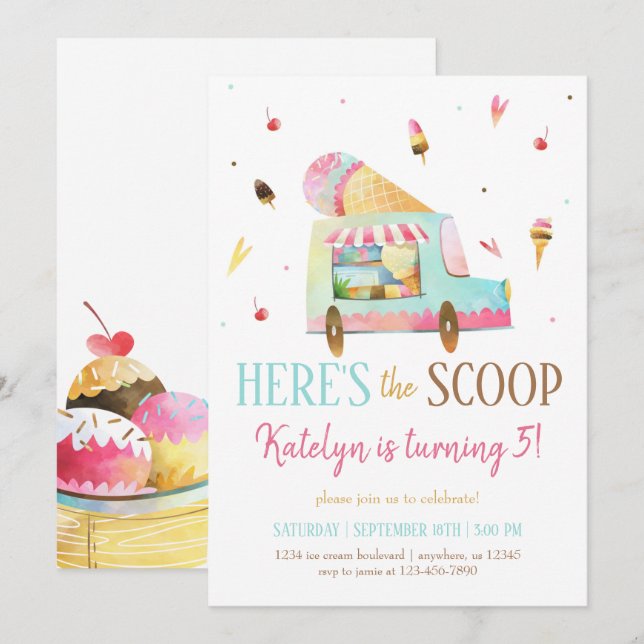 Eiscreme-Lkw zum Geburtstag Einladung (Vorne/Hinten)