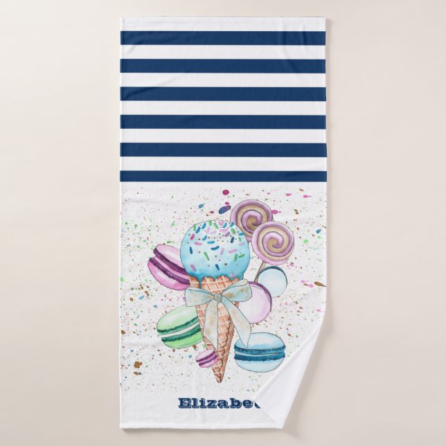 Eiscreme Macaroons Navy Blue White Striping Badehandtuch (Badehandtuch)