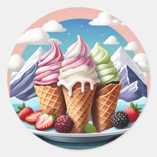 Eiscreme mit Beeren Runder Aufkleber (Vorderseite)