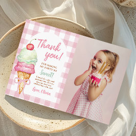 Eiscreme Pink Bow Gingham Birthday Party Foto Dankeskarte